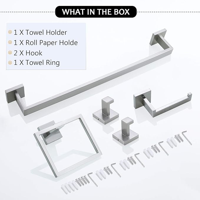 TNOMS Bathroom Towel Bar Set 5 Pieces Brushed Nickel Square Modern Bathroom Hardware Set,Stainless Steel Wall Mounted 23.6-Inch