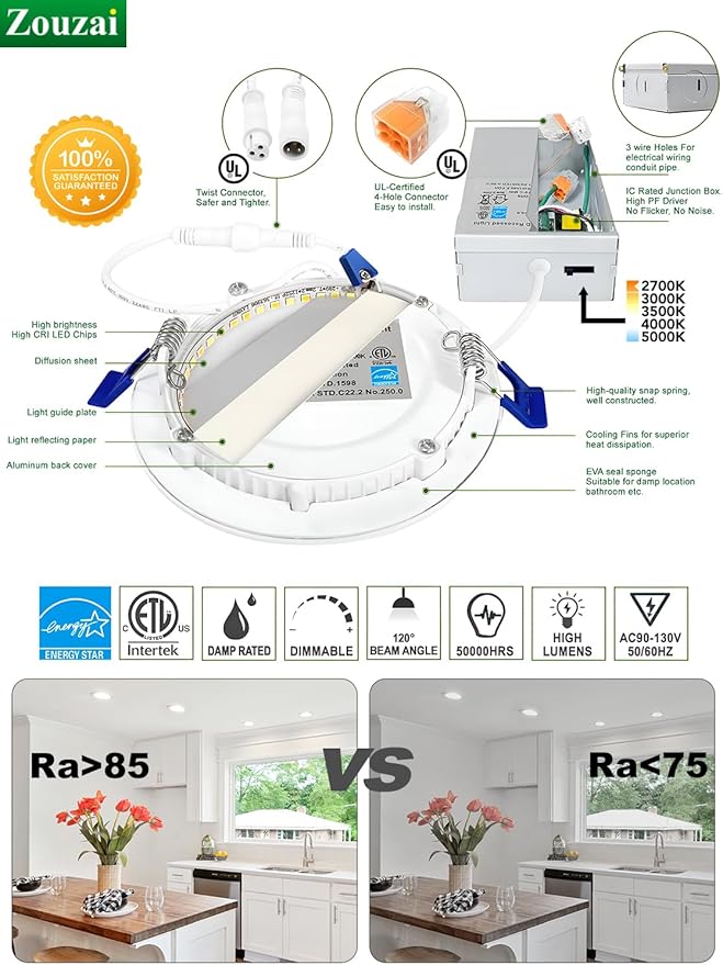 zouzai 4 Inch 5CCT Ultra-Thin LED Recessed Ceiling Light with Junction Box, 2700K/3000K/3500K/4000K/5000K Selectable, 9W Eqv 80W, Dimmable, led can Lights - ETL and Energy Star Certified【 6 Pack 】