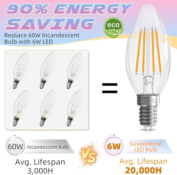 Candelabra Light Bulbs, 6W Equivalent to 60 watt, E12 LED Bulb Non-Dimmable 2700K Soft White, LED Chandelier Bulb, B10 Candle Bulbs, 90+CRI, 600LM, Cear Glass, 6 Pack