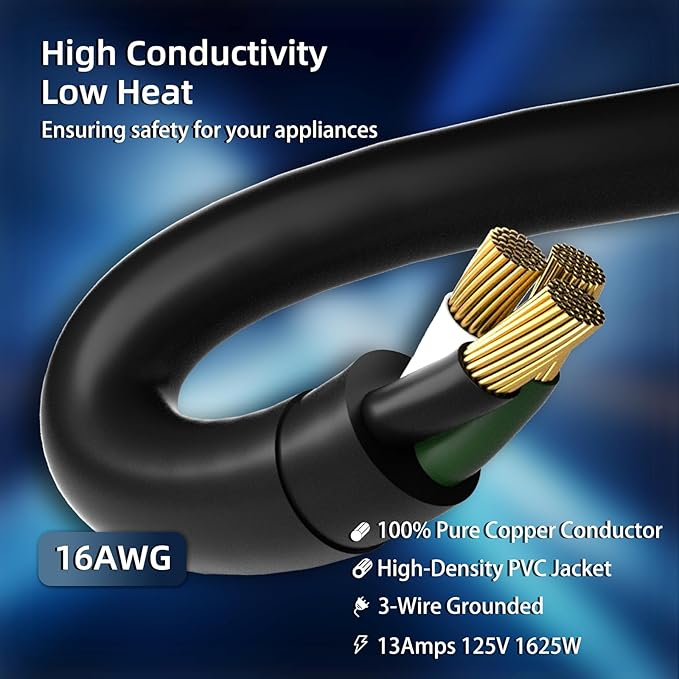 15 FT Outdoor Extension Cord Waterproof, Black, 3-Prong Power Cord, 16 AWG SJTW, 13A 1625W, Grounded, General Purpose Long Extension Cord for Lawn & Garden, ETL Listed