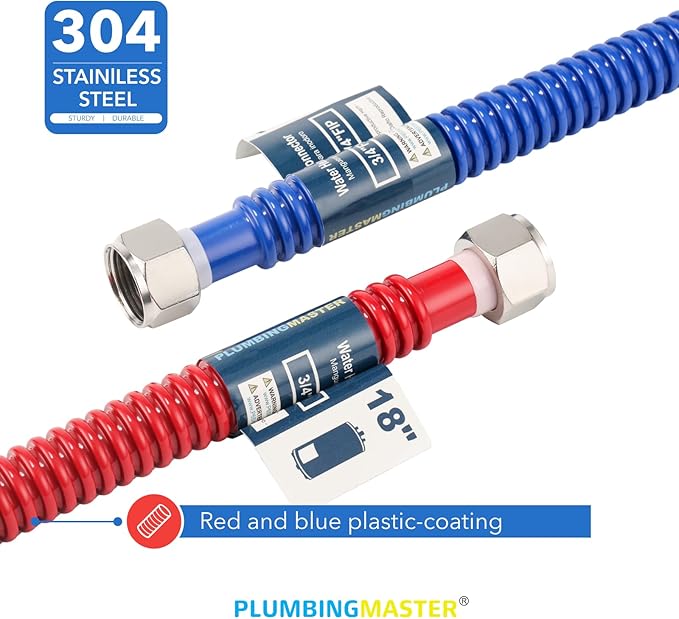 Stainless Steel Corrugated Water Heater Connector, 18-Inch, 1" FIP* 1" FIP Fitting,3/4 ID red and blue color Corrugated Water flexible hose, Leak-Proof, 10-Year Warranty, 2-pack