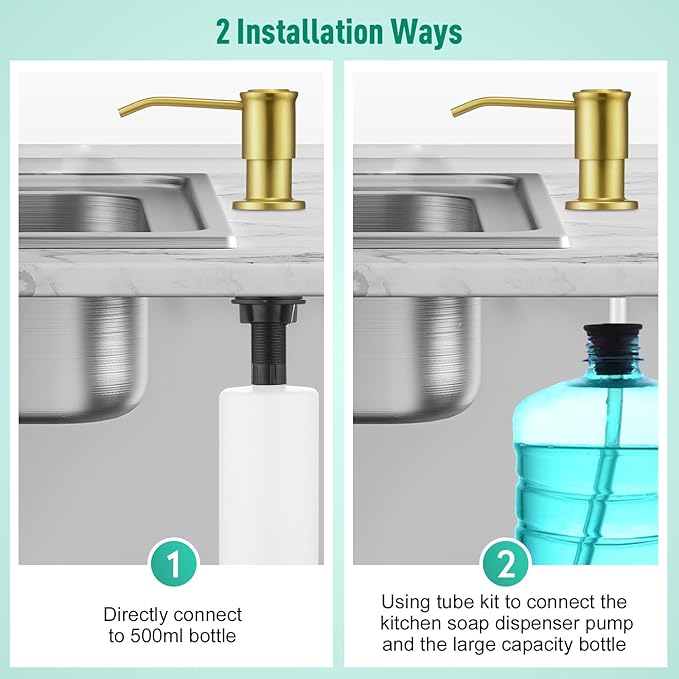 CREA Brushed Gold Kitchen Soap Dispenser Countertop Soap Dispenser for Kitchen Sink, Built in Sink Soap Dispenser for Bathroom with 39" Tube Large Capacity 17 OZ Bottle