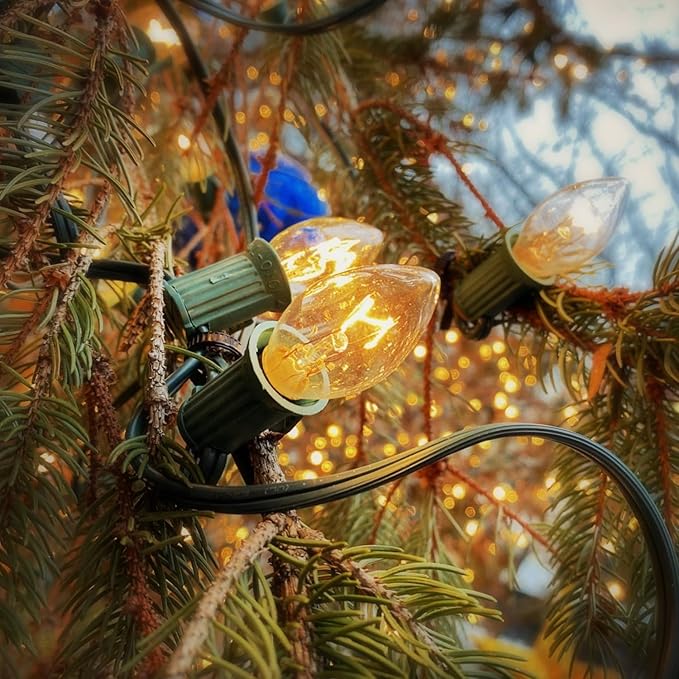 25 Pack C7 Christmas Light Bulbs Nightlight Bulb Vintage Clear Replacement Bulbs for Christmas Village Houses, Xmas Tree, Night Lights, Window Candle & String Light Bulbs Replacement, E12 Base, 5W