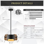 Industrial Drum Chandeliers, Modern Black Metal Pendant Lighting Walnut Wood Grain 4-Ligth Semi Flush Mount Chandelier 12" for Foyer Entryway Kitchen Hallway Dining Room