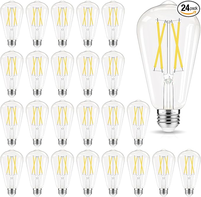 Edison Bulbs Dimmable, E26 LED Bulb 60 watt Equivalent, Cool White 4000K, ST58 Vintage Light Bulbs, 90+ CRI, 6W 600LM, E26 Medium Base, Clear Glass, 24 Pack