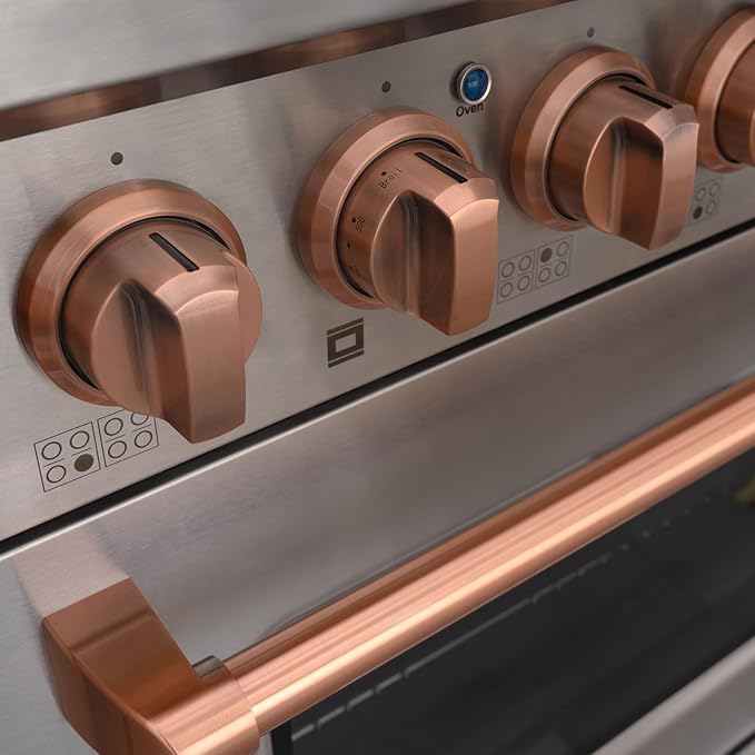 Akicon 48 Inch Freestanding Gas Range - 6.7 cu. ft. Double Rapid Convection Oven - Gas Stove with 8 Sealed Burners & a Griddle, Heavy Duty Cast Iron Grates (Copper & Stainless Steel)