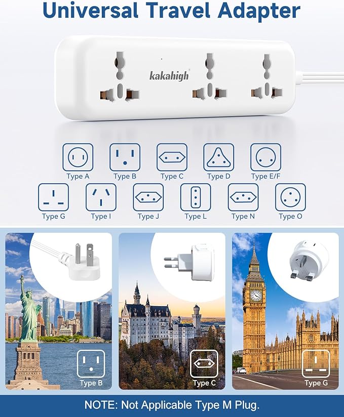 European Travel Plug Adapter Kit with USB Ports, Universal Extension Cord 5 FT, USA to European, UK Plug Adapter for Travel & Life, Accepts Type A/B/C/D/E/F/G/H/I/J/K/L/N/O Plugs, White