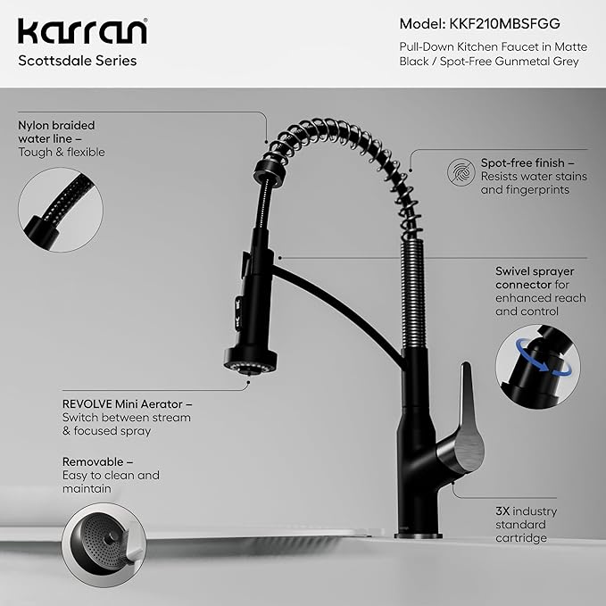 Karran Scottsdale Commercial Style Pull-Down Kitchen Faucet with Sprayer, Matte Black and Spot-Free Gunmetal Grey, High Arc Single Handle Pre-Rinse Spring Faucet