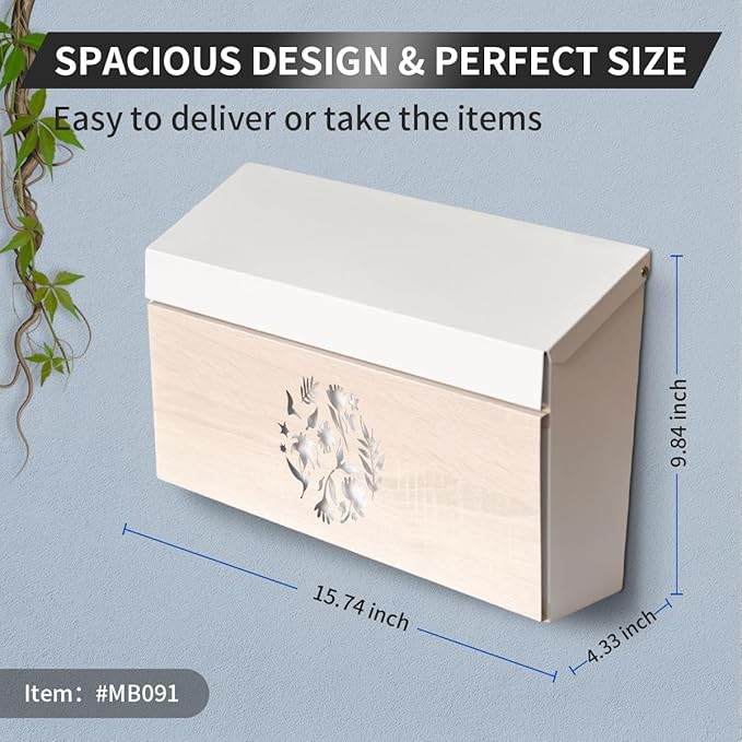 Wall Mount Mailbox, Large Capacity Mailbox for House Outside, Galvanized Steel Rust-Proof Metal Post Drop Box, 15.74"×9.84"×4.33" Flower Hollowed Wooden Patterned Metal Sheet