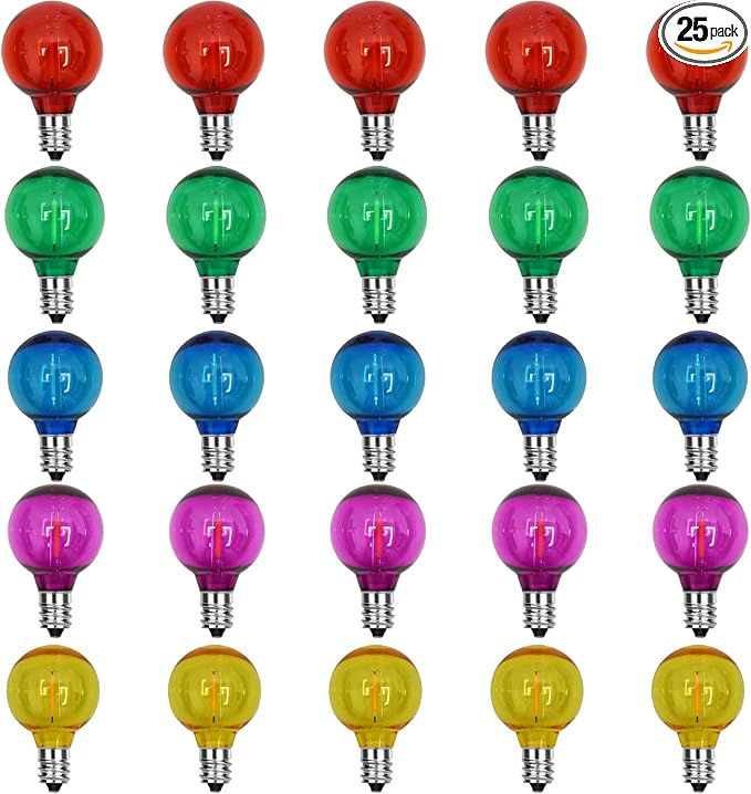 25 Pack G40 Multicolor Led Replacement Bulbs, E12/C7 Candelabra Base LED Shatterproof Globe Bulbs for Outdoor Christmas String Lights, 0.6W Energy-Saving Night Light Bulbs, 2700K Warm White