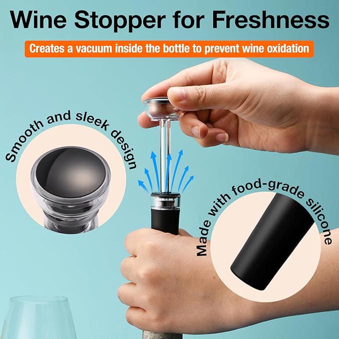 Electric Wine Opener 4-in-1 Gift Set, Vacuum Wine Stopper, Wine Pourer, Foil Cutter, Corkscrew, Battery Operated, Wine Cap, Wine Aerator, Easy Wine Cork Removal to Storage(SGS)