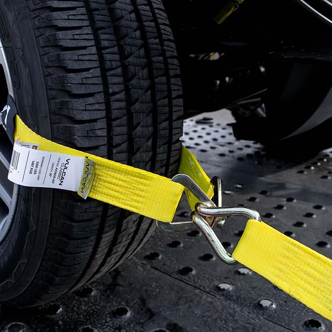 VULCAN Complete Axle Strap Tie Down Kit with Wire Hook Ratchet Straps - Classic Yellow - Includes (4) 22 Inch and (4) 36 Inch Axle Straps, and (4) 15' Wire J Hook Ratchet Straps