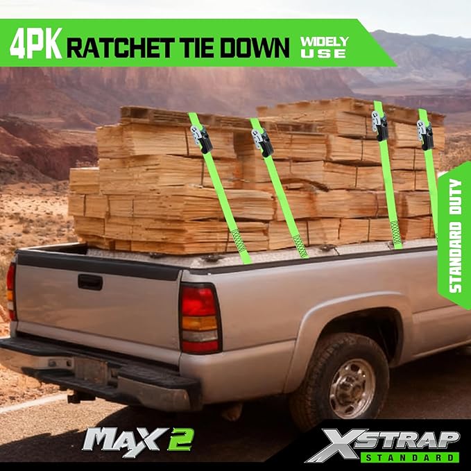 XSTRAP STANDARD Ratchet Tie Down Straps 4Pk 15Ft 1500Lb Break Strength, Cargo Straps for Moving Appliances, Lawn Equipment, Motorcycle, Includes 4 Soft Loops