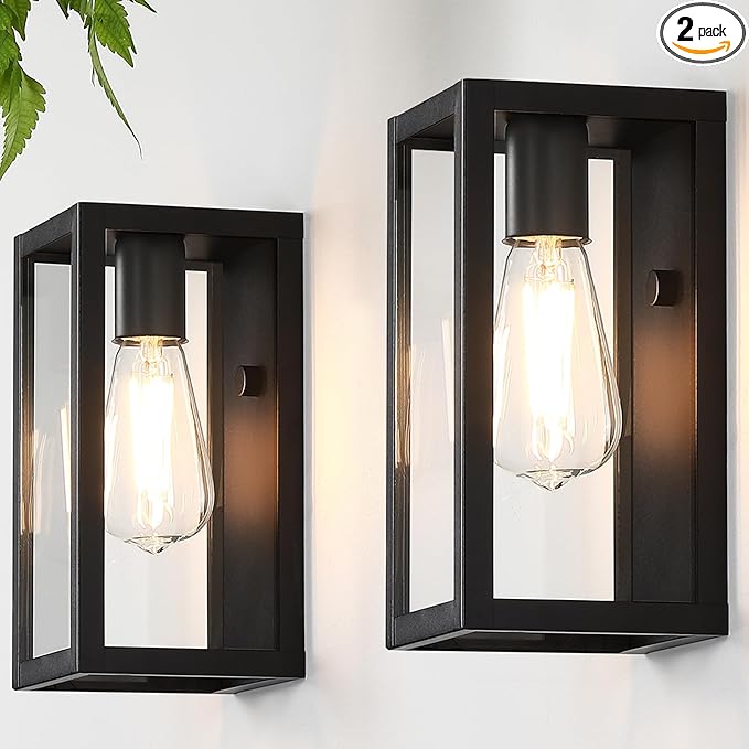 9.5'' Small Outdoor Exterior Wall Lights for House 2Pack, Waterproof Matte Black Outdoor Front Porch Lights with Tempered Glass, Outside Lighting Fixtures Garage Sconces Wall Mount, Bulb Not Included