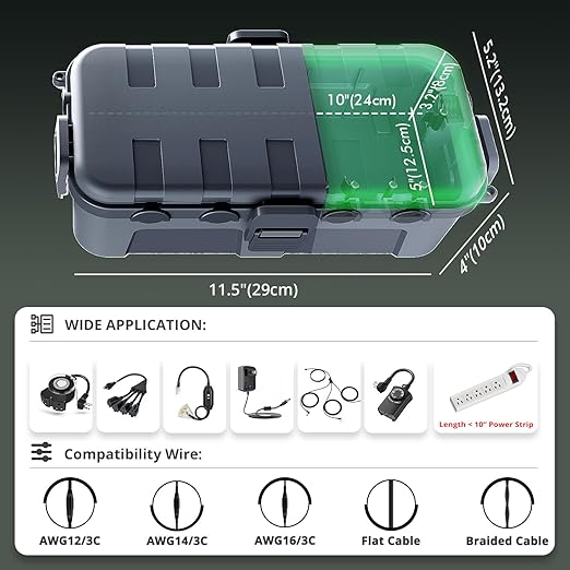 QUOBAS 2 Pack Outdoor Waterproof Electrical Box with 6 Cable Ports, IP54 Weatherproof Heavy-Duty Extension Cord Cover for Power Strips, Garden Power Tools, Holiday Lights, Gray