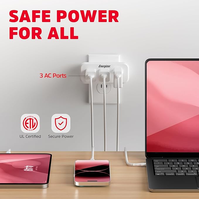 Energizer 2 Packs of 3 Device Multi Plug Wall Outlet Extender (3) AC Power Outlets Grounded Power Strip Expander Splitter Plug in Adapter