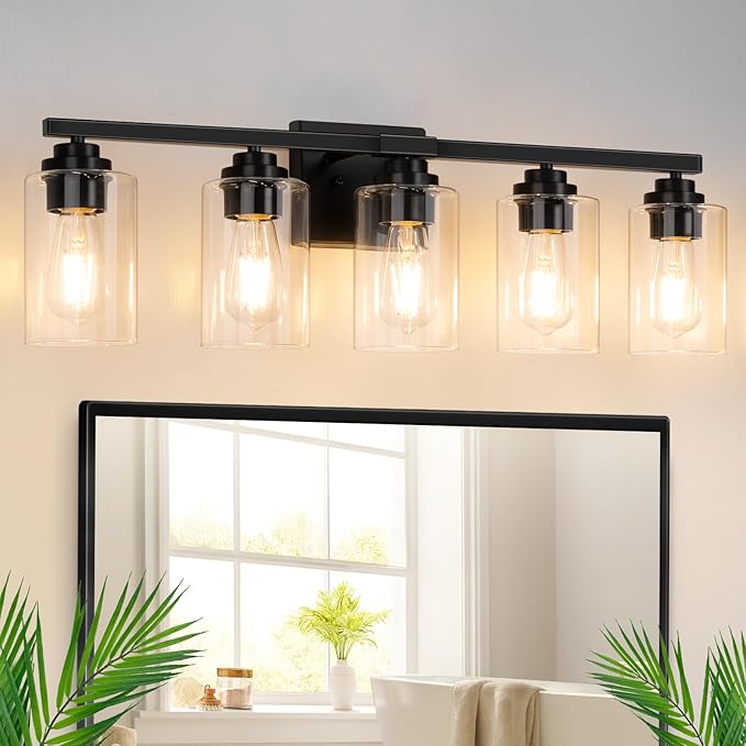5-Light Bathroom Light Fixtures, 31" Modern Vanity Lights Over Mirror with Clear Glass Shades, Matte Black Light Fixture, Classic Wall Light Fixture for Mirror Living Room Cabinet Bedroom Porch