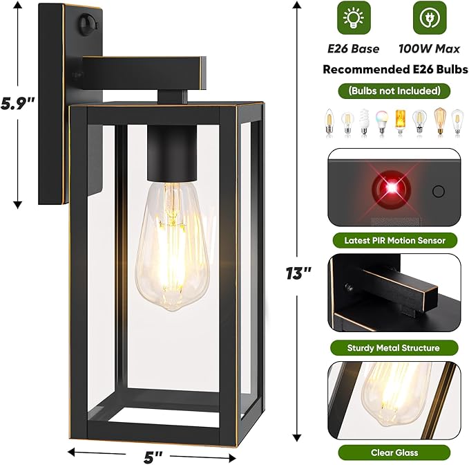 Upgraded Motion Sensor Outdoor Wall Light, 13” Dusk to Dawn Porch Light Outdoor Wall Sconce Lantern, 3 Lighting Modes Exterior Lighting Fixture Wall Mount, Outside Light for House Garage Patio, Bronze
