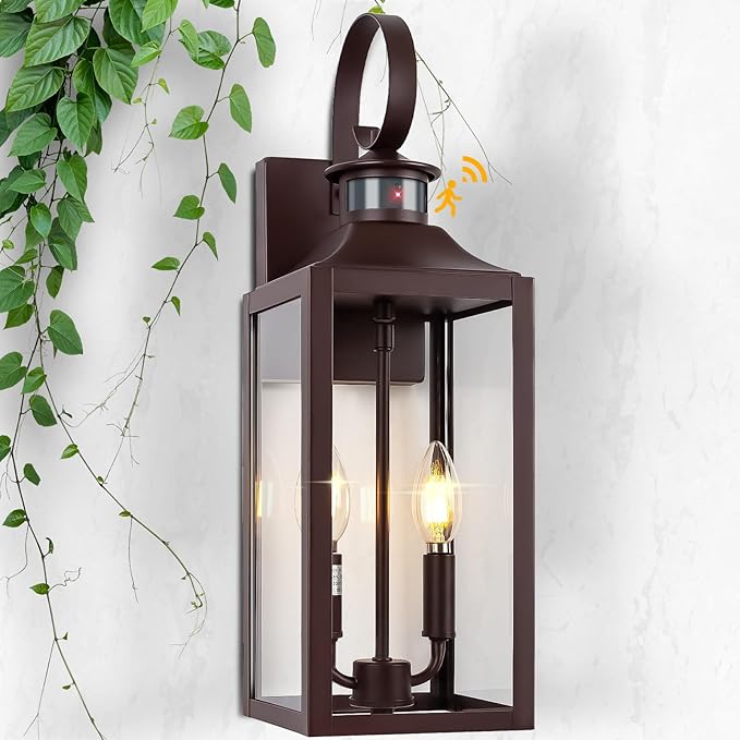 20" Oil Rubbed Bronze Motion Sensor Outdoor Light, Large Dusk to Dawn Outdoor Lighting Fixture, Farmhouse Wall Mounted Porch Lamp, Waterproof Brown Sconce for Outside Patio, 3 Modes/2-Light/1-Pack