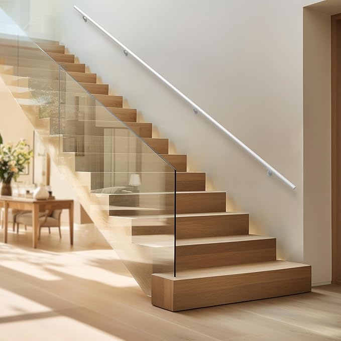 Meranti Aluminum Handrail for Indoor or Outdoor Steps and Stairs – Hand Rails for Elderly – DIY Complete Stair Railing Kit (AHR, Glossy White, 7' Length)