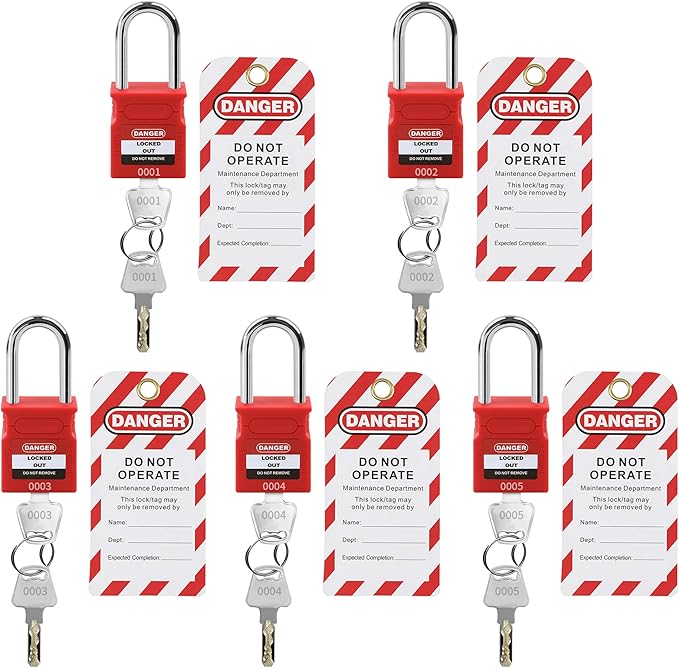 Lockout Tagout Locks - 5 Pack Red Loto Locks with Tags, Keyed Differ Padlock OSHA Compliant Lock Out Tag Out Lock, Safety Padlocks for Electrical Lockout Tag Out Kits