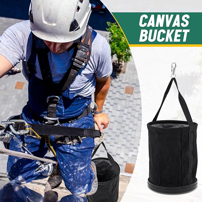 1 Pack Utility Canvas Tool Bucket 15 x 12 All Purpose Canvas Bucket Bag, Truck Tool Organizer with Plastic Bottom Metal Hook for Store Work Accessory, Load Capacity up to 150 Lbs (Black)