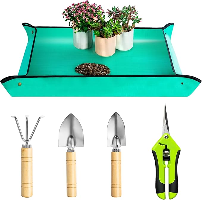 Josteve Plant Repotting Mat, 5Pcs Succulent Tools Mini Garden Small Gardening Tools Indoor, Pruning Shear Gardening Scissor, Hand kit for Bonsai, Cactus, Fairy, Houseplant Transplanting, Seedling