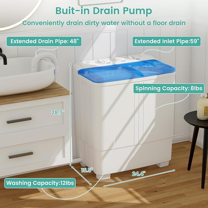 Auertech 20 Lbs Portable Washing Machine, Portable Washer for Apartment with 12 Lbs Washer, 8 Lbs Spinner, Mini Compact Top Load Washing Machine for RV Dorm