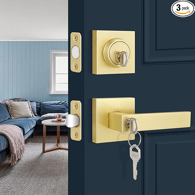 EHOMEWARE 3 Pack Door Handleset with Single Cylinder Deadbolt, Satin Brass Deadbolt, Reversible for Right and Left Side Single Keyed Square Deadbolt Lock Set