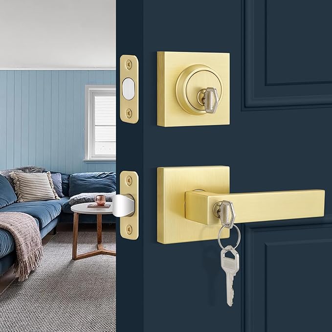 EHOMEWARE Door Handleset with Single Cylinder Deadbolt, Satin Brass Deadbolt, Reversible for Right and Left Side Single Keyed Square Deadbolt Lock Set
