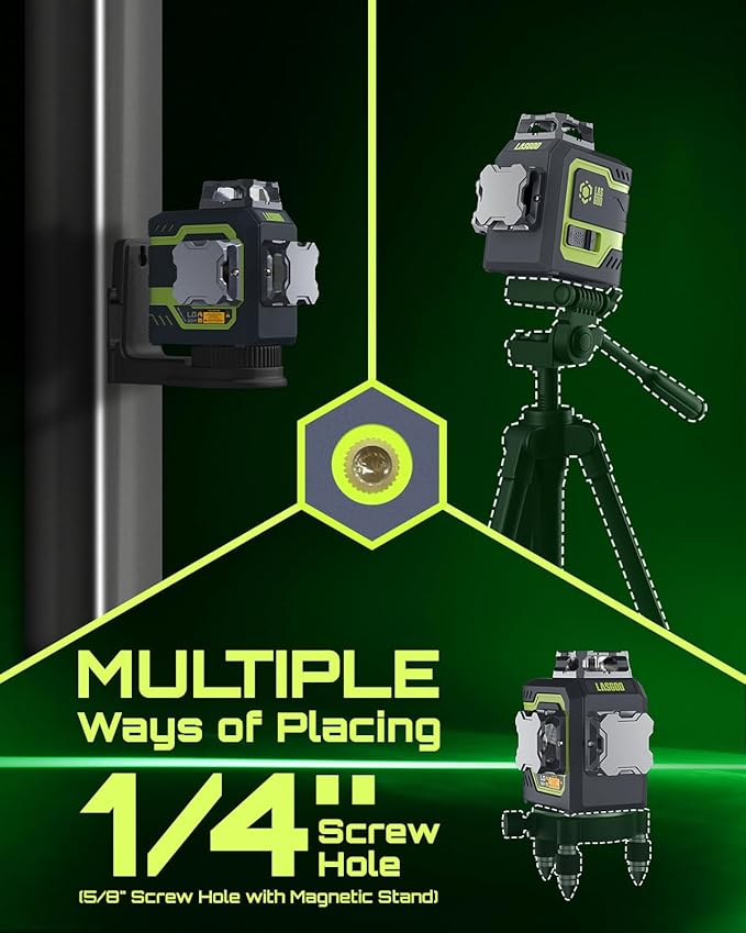 LasGoo LG-3DM Green Beam Laser Level, Self-Leveling 3x360° Cross Line Laser for Construction and Picture Hanging, 5200mAh Built-in Rechargeable Battery, Type-C Cable, Magnetic Rotating Stand Included
