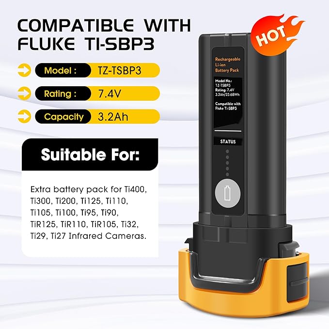 Replacement Battery Pack Ti SBP3 Compatible with FLUKE Ti400, Ti300, Ti200, Ti125, Ti110, Ti105, Ti100, Ti95, Ti90, TiR125, TiR110, TiR105, Ti32, Ti29, Ti27 Infrared Cameras 7.2V 23.04Wh