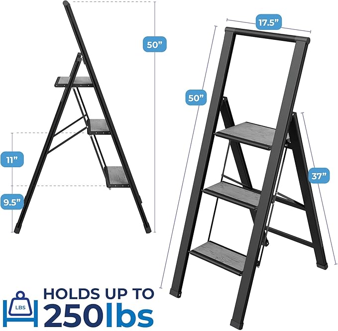 Step Ladder 3 Step Folding, Decorative - Beautiful Gray Wood & Black Aluminum, Ultra Slim Profile, Anti Slip Steps, Sturdy-Portable for Home, Office, Kitchen, Photography Use,by SORFEY