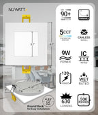 NUWATT 12 Pack 4 Inch LED Square Recessed Lighting, 5CCT Selectable 2700K/3000K/3500K/4000K/5000K, 630 Lumens Dimmable, IC Rated, 4in Square Wafer Lights, Canless LED Downlight, Diecast Aluminum J-Box