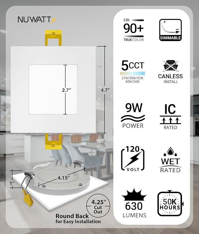 NUWATT 12 Pack 4 Inch LED Square Recessed Lighting, 5CCT Selectable 2700K/3000K/3500K/4000K/5000K, 630 Lumens Dimmable, IC Rated, 4in Square Wafer Lights, Canless LED Downlight, Diecast Aluminum J-Box