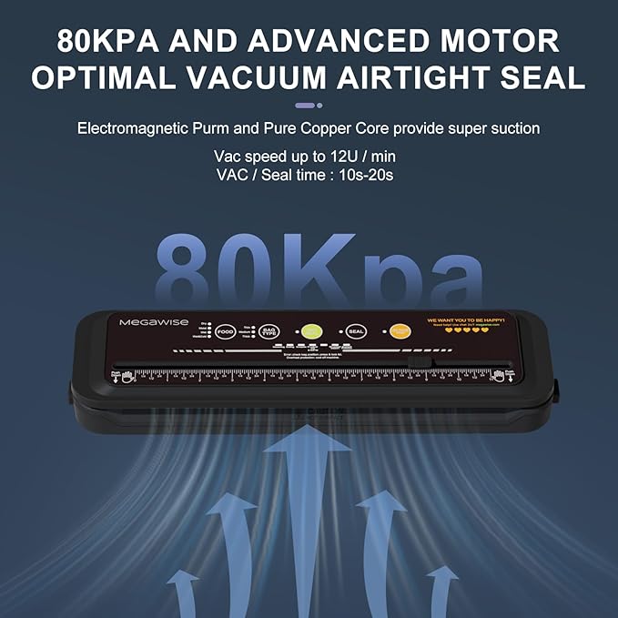 MEGAWISE Model B 2025 Vacuum Sealer | Powerful & Compact | One-Touch Automatic Food Sealer for Cold, Wet, Moist, and Dry Foods | Compatible with Thick, Medium, and Thin Bags | OMNI MACHINE (Black)