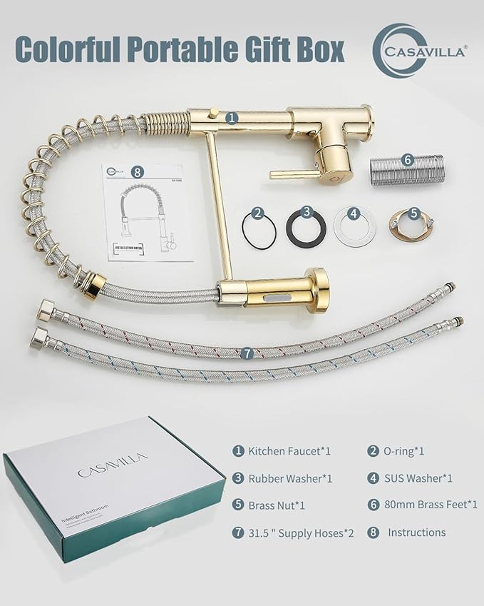 Kitchen Faucet, Commercial Kitchen Sink Faucets with Pull Down Sprayer, Stainless Steel Faucets for Kitchen Sinks, Dual Function Spray Head, Single Handle Spring Kitchen Faucets -Gold