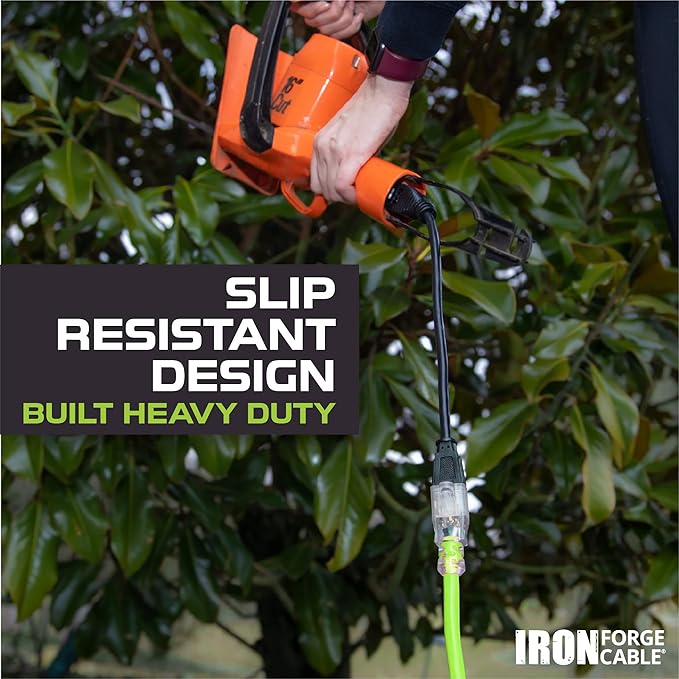 Iron Forge Cable Weatherproof 10 Ft Outdoor Extension Cord - 12/3 SJTW 15 Amp Heavy Duty Light Green High Visibility Cable with 3 Prong - Lighted End