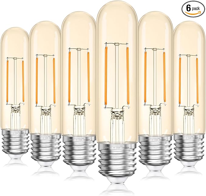 Tubular LED Edison Bulb 2200K Amber Warm Dimmable, 2W, 25 watt Equivalent, E26 LED Light Bulbs, T10 Edison Bulbs for Chandeliers, Ceiling Fan, 90+CRI 250LM, 6 Pack