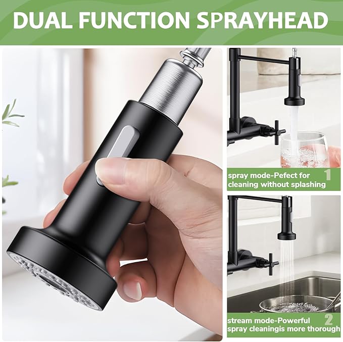 Wall Mount Kitchen Faucet, Hurran Matte Black Kitchen Sink Faucet, 8 Inch 2 Handle Wall Mount Commercial Sink Faucet with Pull Down Sprayer for Kitchen Laundry Room Restaurant