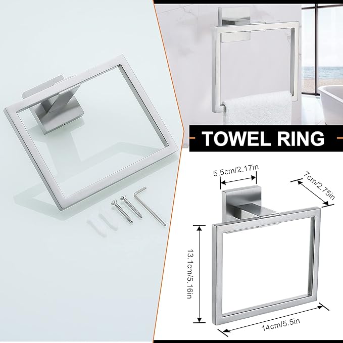 YACVCL 5-Piece Bathroom Hardware Accessories Set 23.6 inch Towel Bar Towel Rack Sets Modern Towel Ring Kit Stainless Steel Wall Mounted (Brushed Nickel)