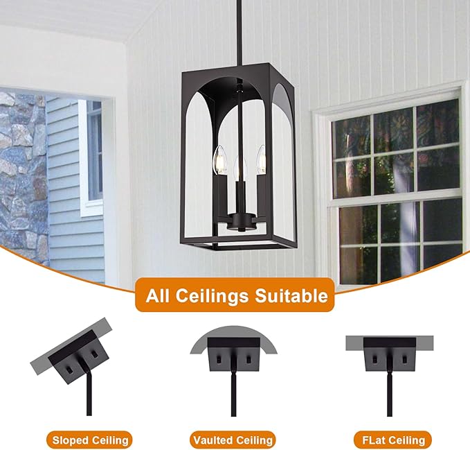 VINLUZ Modern Oil Rubbed Bronze Chandelier 3 Light Dining Room Light Fixture with Clear Glass Shade Industrial Outdoor Pendant Lights for Entryway Hallway Porch