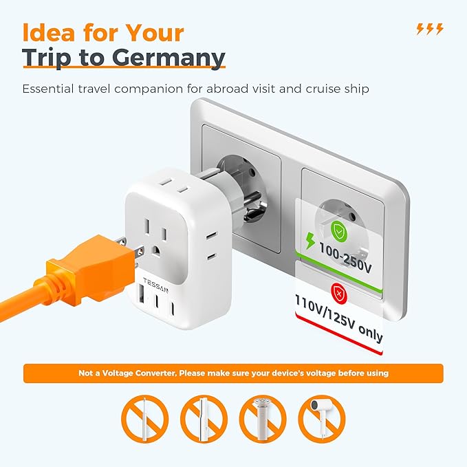 TESSAN Type E F Plug Adapter, France Travel Power Adaptor with 3 USB Ports(2 USB C) and 4 AC Outlets, US to Europe EU Germany Spain Greece Portugal Iceland Paris Russia Poland Norway