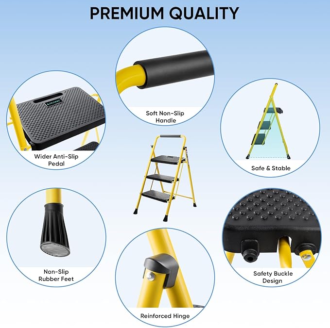 TICONN 3 Step Ladder, Heavy Duty Foldable Step Stool, Portable Steel Folding Stool for Household Garage Storage (Yellow)