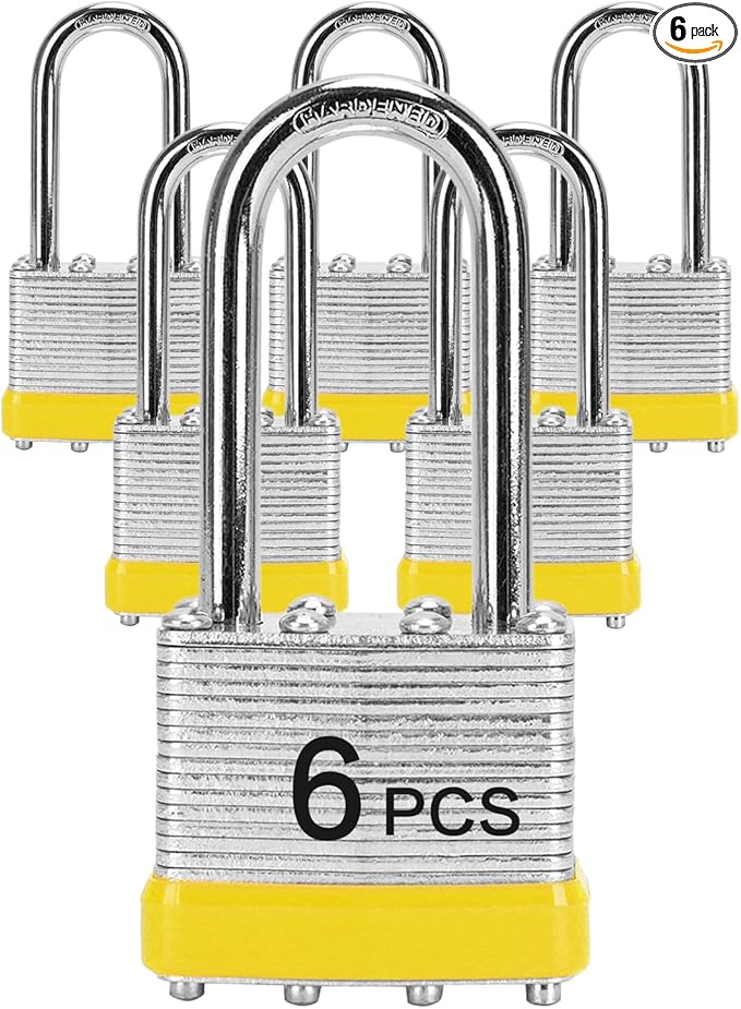 Padlocks with Same Key, LQYN 6 Pcs Laminated Keyed Padlock (1-9/16", 40mm), Keyed Alike Locks, Long Shackle, for Storage Locker, Hasp Latch, Toolbox, Sheds