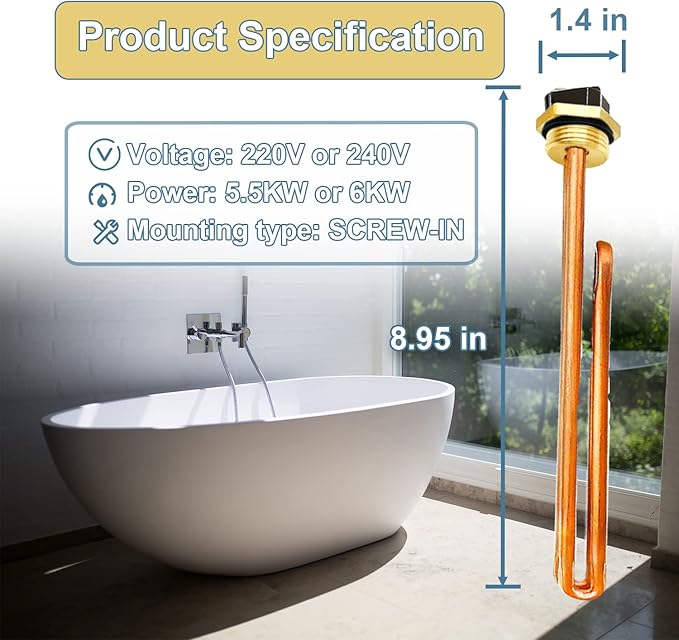 Upgraded HE 55220 Water Heater Element, For Ecosmart ECO POU 6, ECO 8, ECO 11, Rheem, Eemax, Richmond Electric Tankless Water Heaters, Replace 60208 Heating Element, 5.5KW 220V or 6KW 240V, 1 Pack