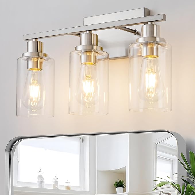3 Light Bathroom Light Fixtures Brushed Nickel Vanity Light Over Mirror Modern Farmhouse Wall Lighting Sconces Wall Lamp for Bathroom, Bedroom, Living Room E26 Socket with Glass Shade