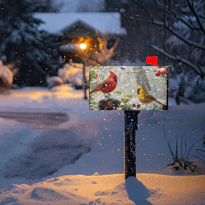 Winter Cardinal Bird Magnetic Mailbox Covers Christmas Branches Snow Mailbox Wraps Standard Size 21 X 18 Post Letter Box Covers Home Garden Outdoor Decorations
