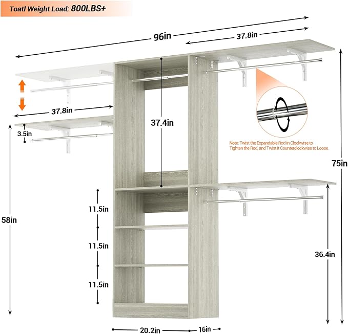 Armocity 96'' Closet System, 8FT Walk In Closet Organizer with 3 Shelving Towers, Heavy Duty Bedroom Wardrobe with 5 Shelves, Wall Mounted Clothes Rack (Can Be Cut To Fit), 96"L x16"W x75"H, White Oak