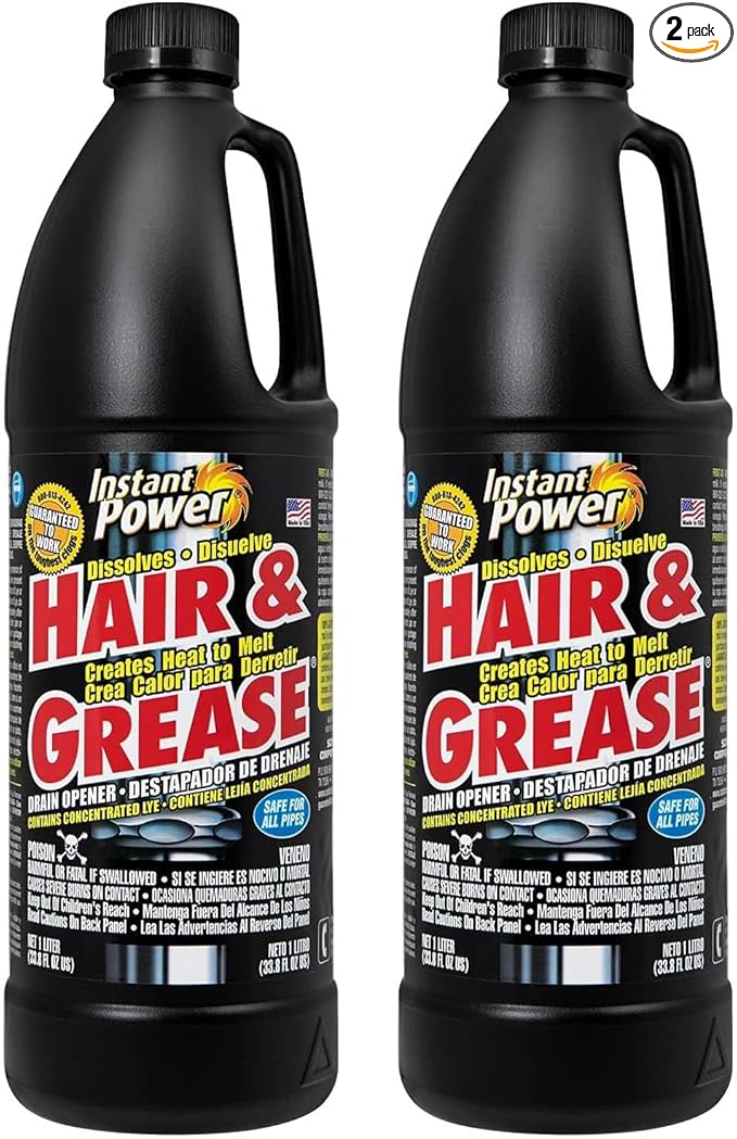 Instant Power Hair and Grease Drain Cleaner - Shower Drain & Sink Cleaner, Liquid Clog Remover, Made in USA, Sink Deodorizer - 1 Liter (Pack of 2)